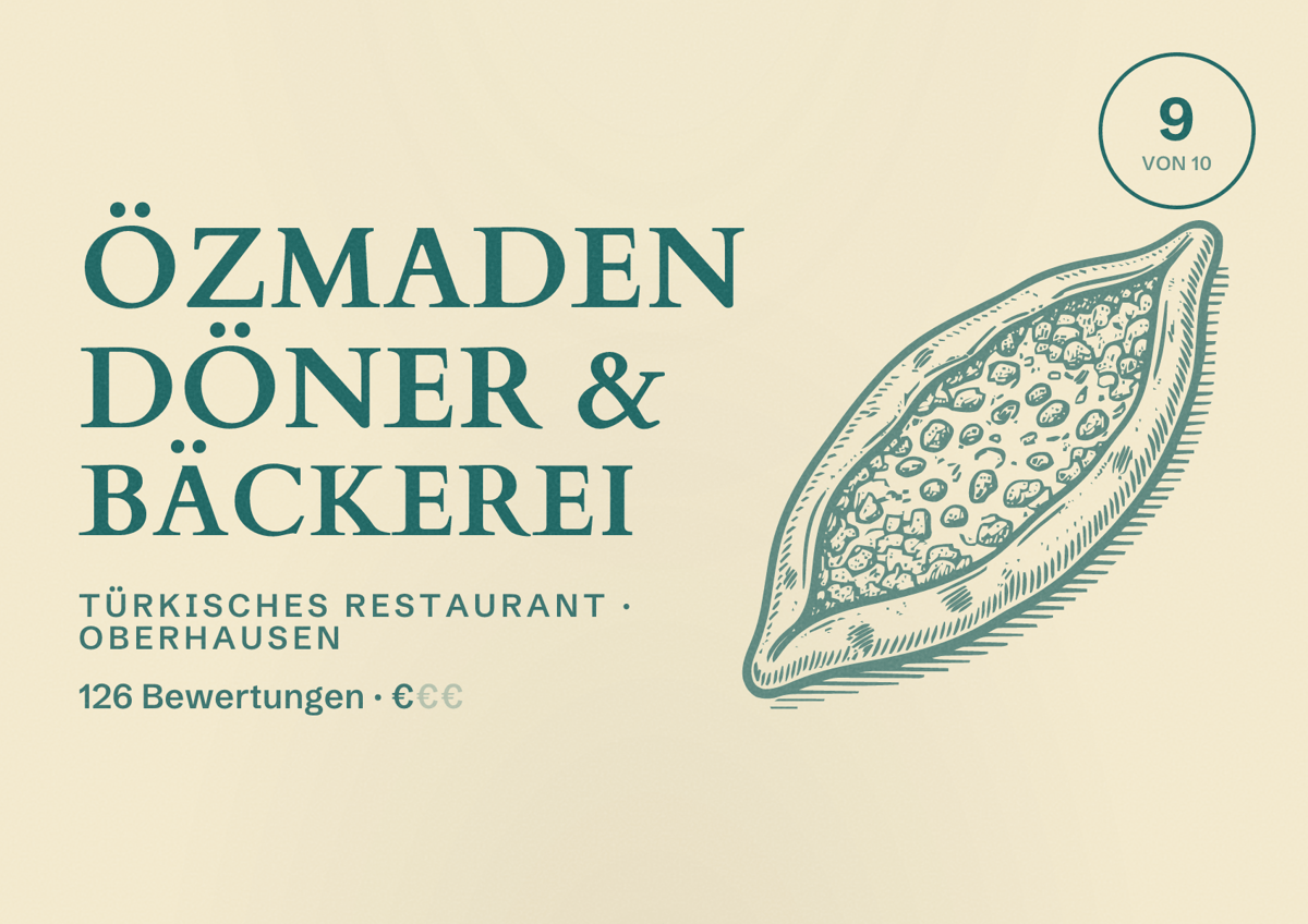 Illustriertes Poster von Özmaden Döner & Bäckerei, Türkisches Restaurant in Oberhausen: Bewertung 9 von 10 aus 126 Bewertungen, Preisniveau €