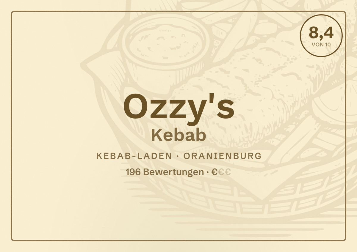 Illustriertes Poster von Ozzy's Kebab, Kebab-Laden in Oranienburg: Bewertung 8,4 von 10 aus 196 Bewertungen, Preisniveau €