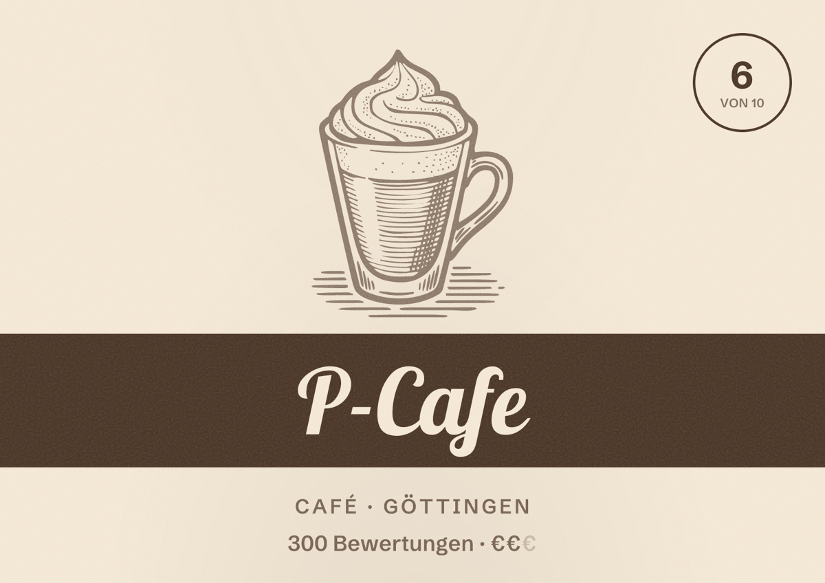 Illustriertes Poster von P-Cafe, Café in Göttingen: Bewertung 6 von 10 aus 300 Bewertungen, Preisniveau €€