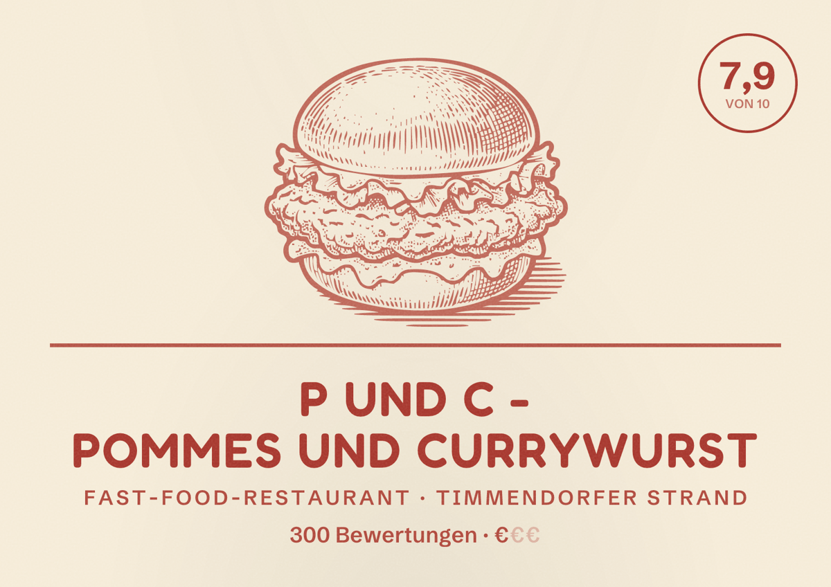 Illustriertes Poster von P und C - Pommes und Currywurst, Fast-Food-Restaurant in Timmendorfer Strand: Bewertung 7,9 von 10 aus 300 Bewertungen, Preisniveau €