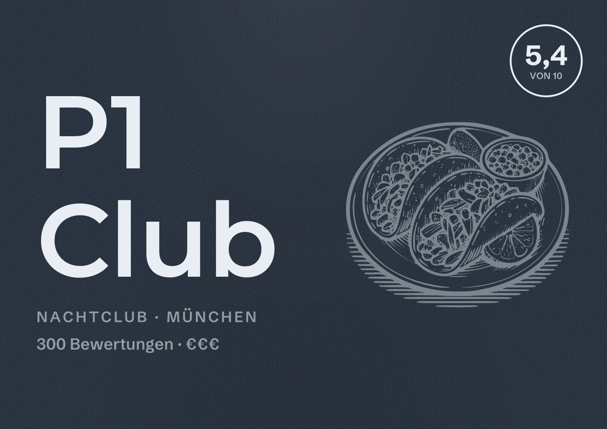 Illustriertes Poster von P1 Club, Nachtclub in München: Bewertung 5,4 von 10 aus 300 Bewertungen, Preisniveau €€€