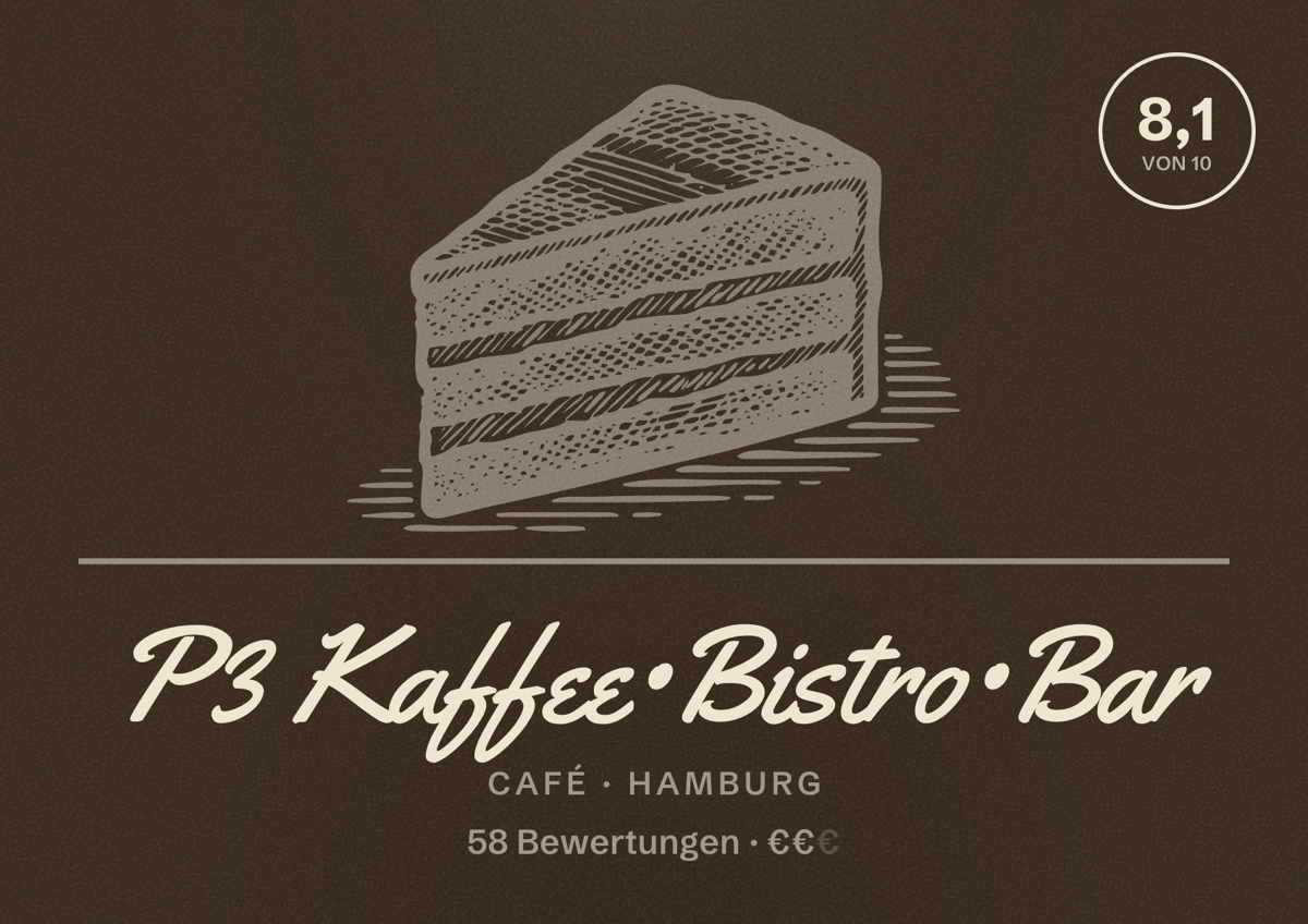 Illustriertes Poster von P3 Kaffee•Bistro•Bar, Café in Hamburg: Bewertung 8,1 von 10 aus 58 Bewertungen, Preisniveau €€