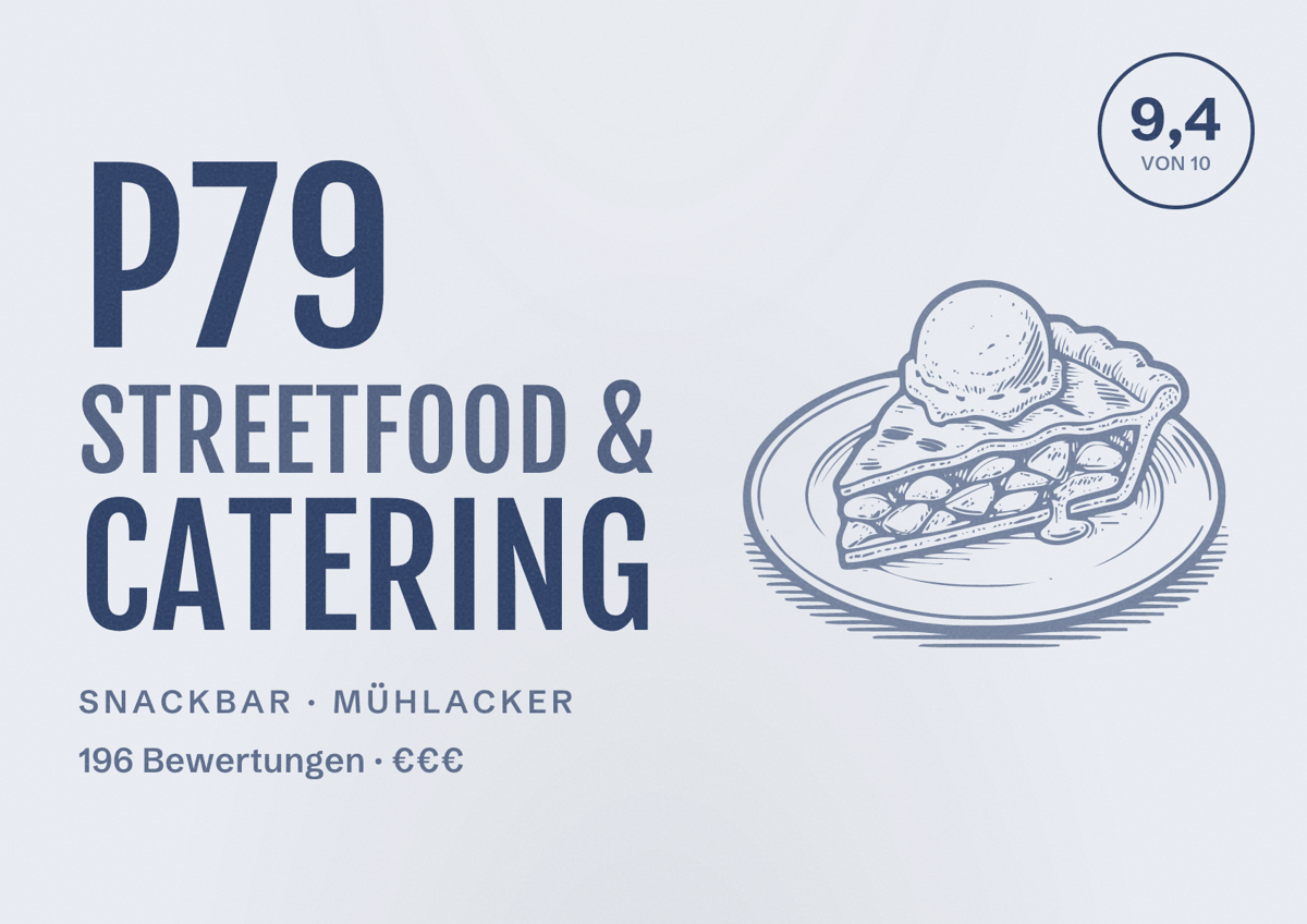 Illustriertes Poster von P79 Streetfood & Catering, Snackbar in Mühlacker: Bewertung 9,4 von 10 aus 196 Bewertungen, Preisniveau €€€