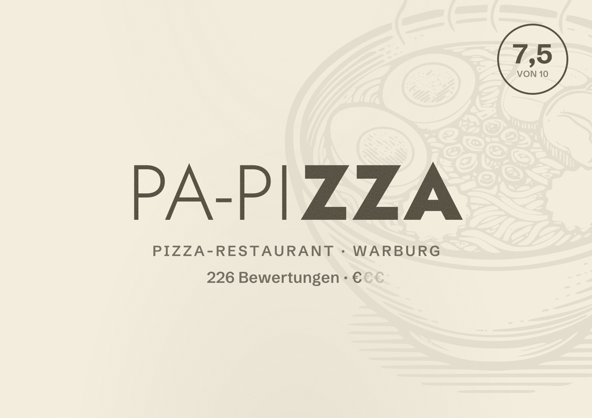 Illustriertes Poster von Pa-Pizza, Pizza-Restaurant in Warburg: Bewertung 7,5 von 10 aus 226 Bewertungen, Preisniveau €