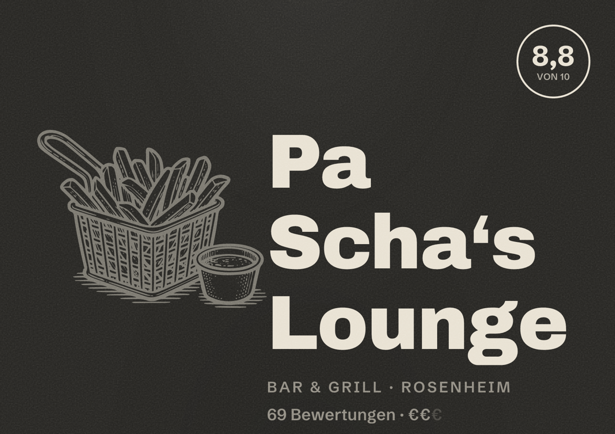 Illustriertes Poster von Pa Scha‘s Lounge, Bar & Grill in Rosenheim: Bewertung 8,8 von 10 aus 69 Bewertungen, Preisniveau €€