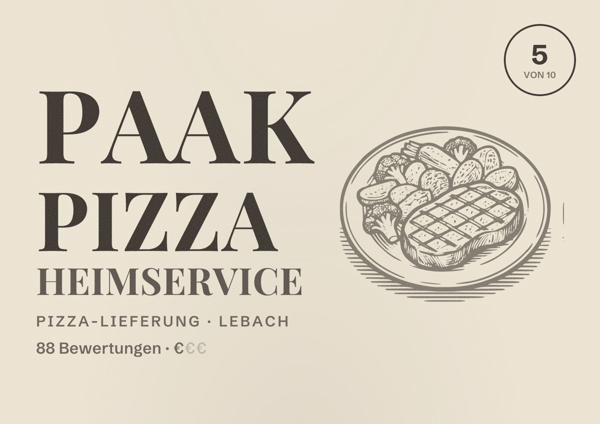Illustriertes Poster von Paak Pizza Heimservice, Pizza-Lieferung in Lebach: Bewertung 5 von 10 aus 88 Bewertungen, Preisniveau €