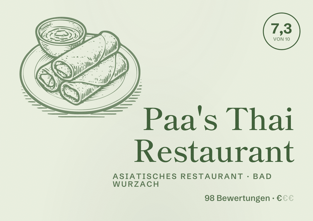 Illustriertes Poster von Paa's Thai Restaurant, Asiatisches Restaurant in Bad Wurzach: Bewertung 7,3 von 10 aus 98 Bewertungen, Preisniveau €