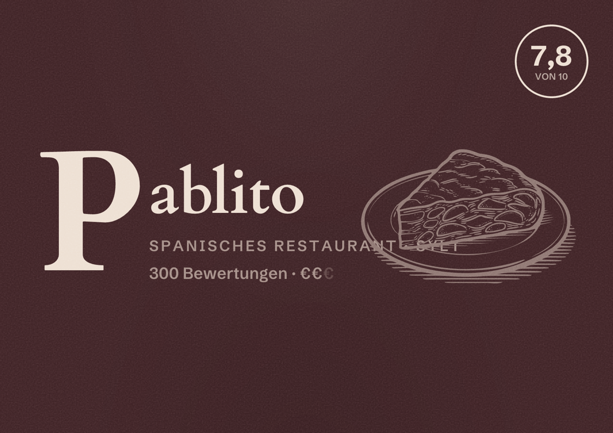 Illustriertes Poster von Pablito, Spanisches Restaurant in Sylt: Bewertung 7,8 von 10 aus 300 Bewertungen, Preisniveau €€