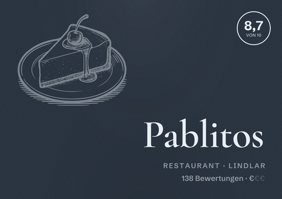 Illustriertes Poster von Pablitos, Restaurant in Lindlar: Bewertung 8,7 von 10 aus 138 Bewertungen, Preisniveau €