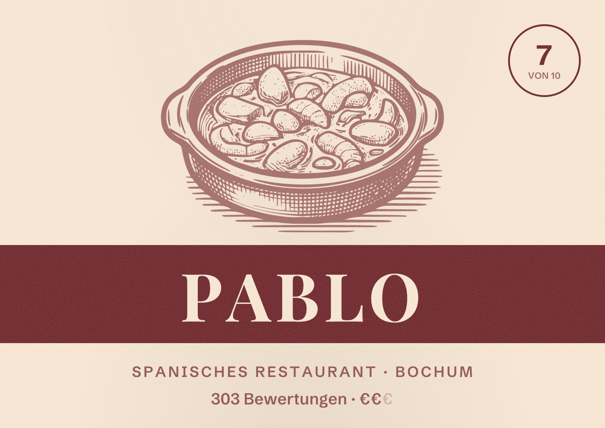 Illustriertes Poster von Pablo, Spanisches Restaurant in Bochum: Bewertung 7 von 10 aus 303 Bewertungen, Preisniveau €€