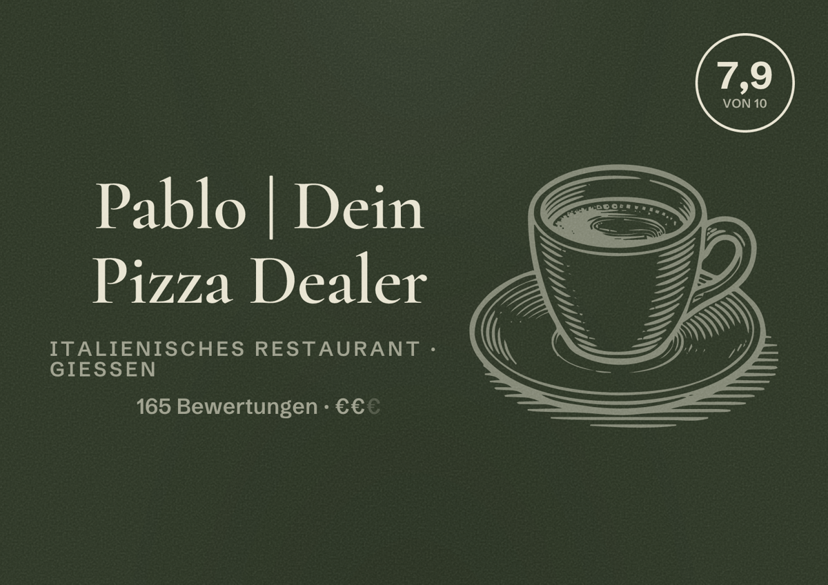 Illustriertes Poster von Pablo | Dein Pizza Dealer, Italienisches Restaurant in Gießen: Bewertung 7,9 von 10 aus 165 Bewertungen, Preisniveau €€