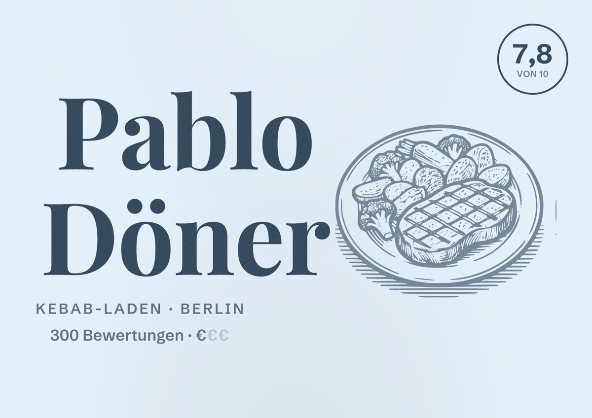 Illustriertes Poster von Pablo Döner, Kebab-Laden in Berlin: Bewertung 7,8 von 10 aus 300 Bewertungen, Preisniveau €