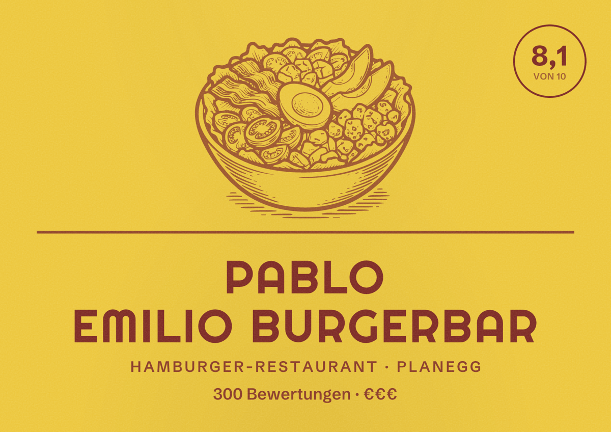 Illustriertes Poster von Pablo Emilio BurgerBar, Hamburger-Restaurant in Planegg: Bewertung 8,1 von 10 aus 300 Bewertungen, Preisniveau €€€