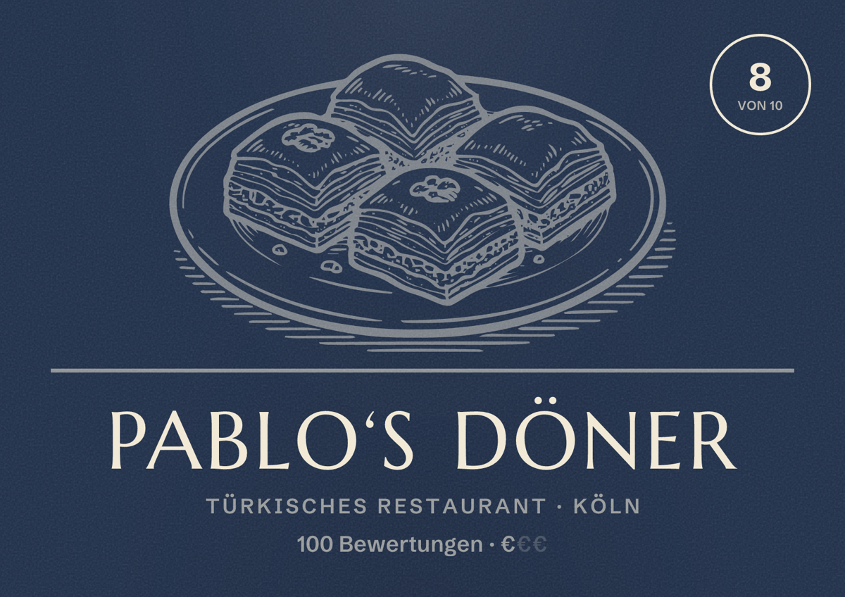Illustriertes Poster von Pablo‘s Döner, Türkisches Restaurant in Köln: Bewertung 8,0 von 10 aus 100 Bewertungen, Preisniveau €