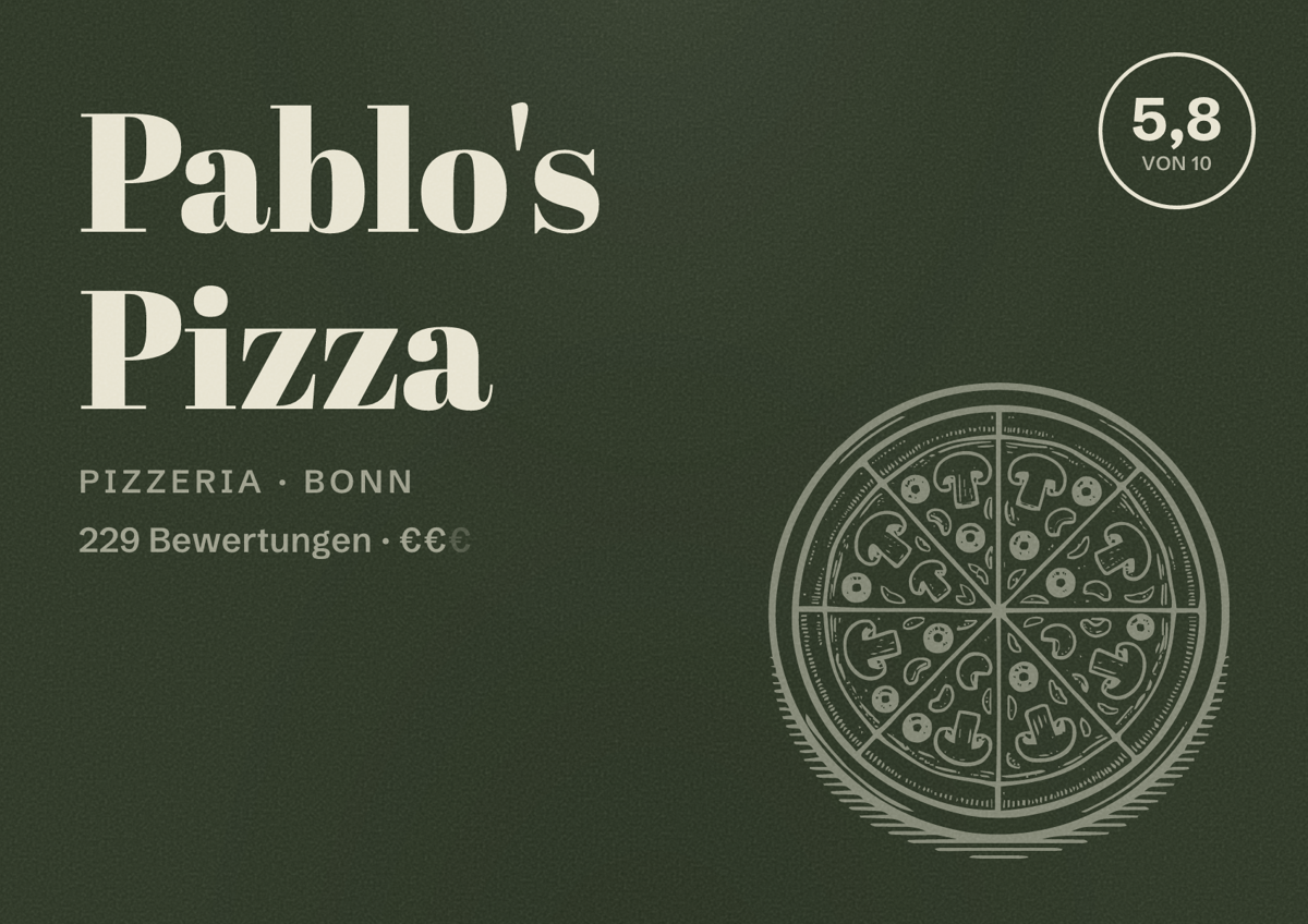 Illustriertes Poster von Pablo's Pizza, Pizzeria in Bonn: Bewertung 5,8 von 10 aus 229 Bewertungen, Preisniveau €€
