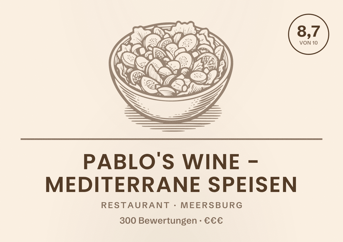 Illustriertes Poster von Pablo's wine - mediterrane Speisen, Restaurant in Meersburg: Bewertung 8,7 von 10 aus 300 Bewertungen, Preisniveau €€€