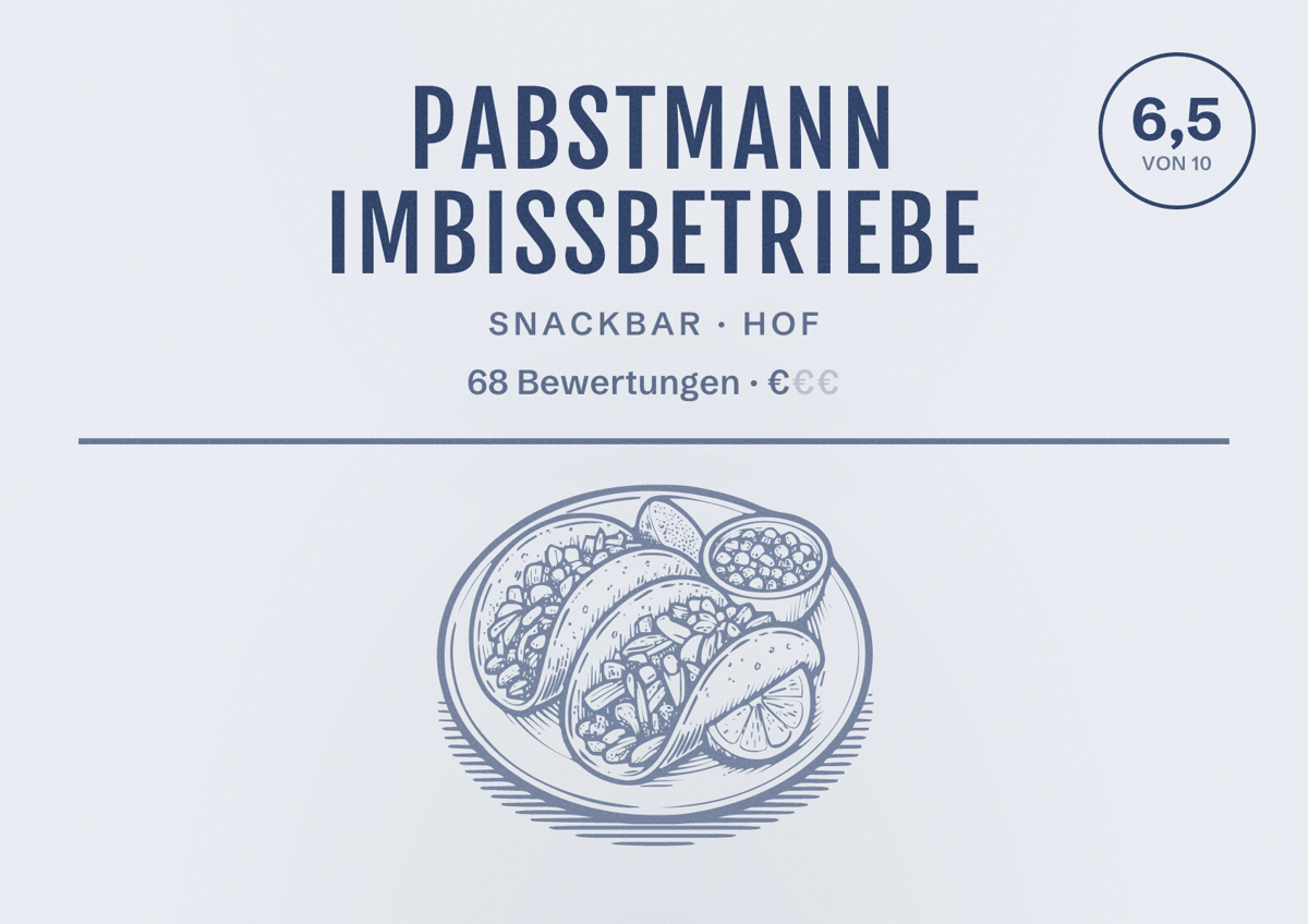 Illustriertes Poster von Pabstmann Imbissbetriebe, Snackbar in Hof: Bewertung 6,5 von 10 aus 68 Bewertungen, Preisniveau €