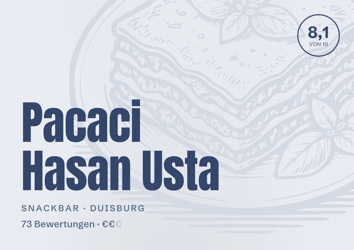 Illustriertes Poster von Pacaci Hasan Usta, Snackbar in Duisburg: Bewertung 8,1 von 10 aus 73 Bewertungen, Preisniveau €€