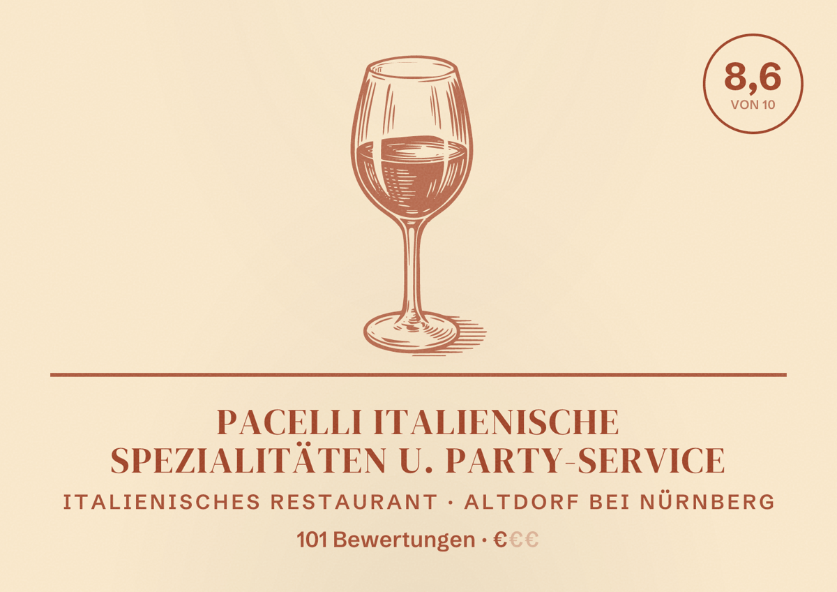 Illustriertes Poster von Pacelli Italienische Spezialitäten u. Party-Service, Italienisches Restaurant in Altdorf bei Nürnberg: Bewertung 8,6 von 10 aus 101 Bewertungen, Preisniveau €