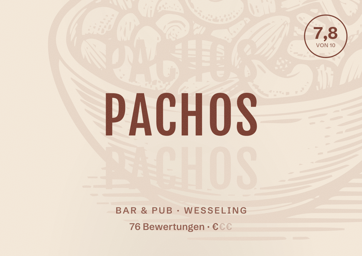 Illustriertes Poster von Pachos, Bar & Pub in Wesseling: Bewertung 7,8 von 10 aus 76 Bewertungen, Preisniveau €