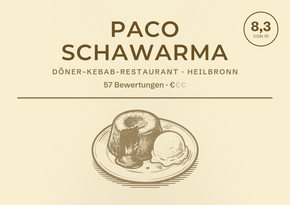 Illustriertes Poster von Paco Schawarma, Döner-Kebab-Restaurant in Heilbronn: Bewertung 8,3 von 10 aus 57 Bewertungen, Preisniveau €