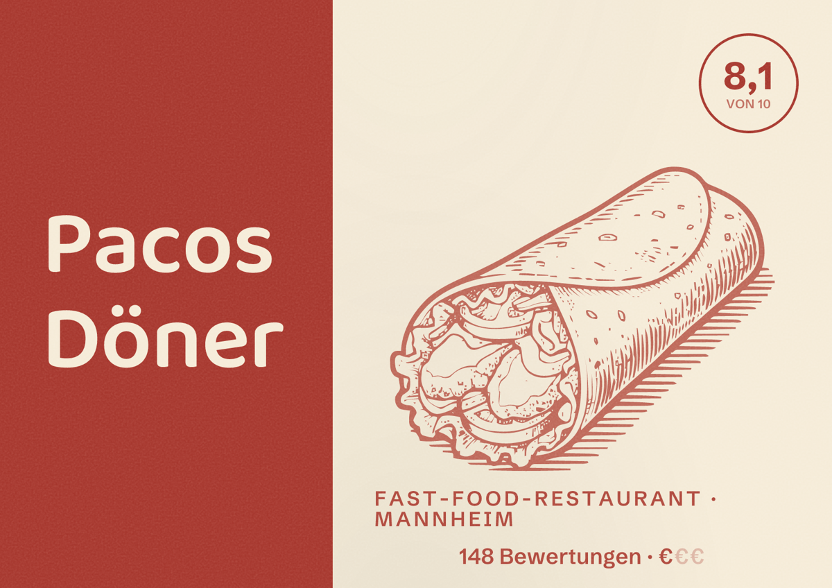 Illustriertes Poster von Pacos Döner, Fast-Food-Restaurant in Mannheim: Bewertung 8,1 von 10 aus 148 Bewertungen, Preisniveau €