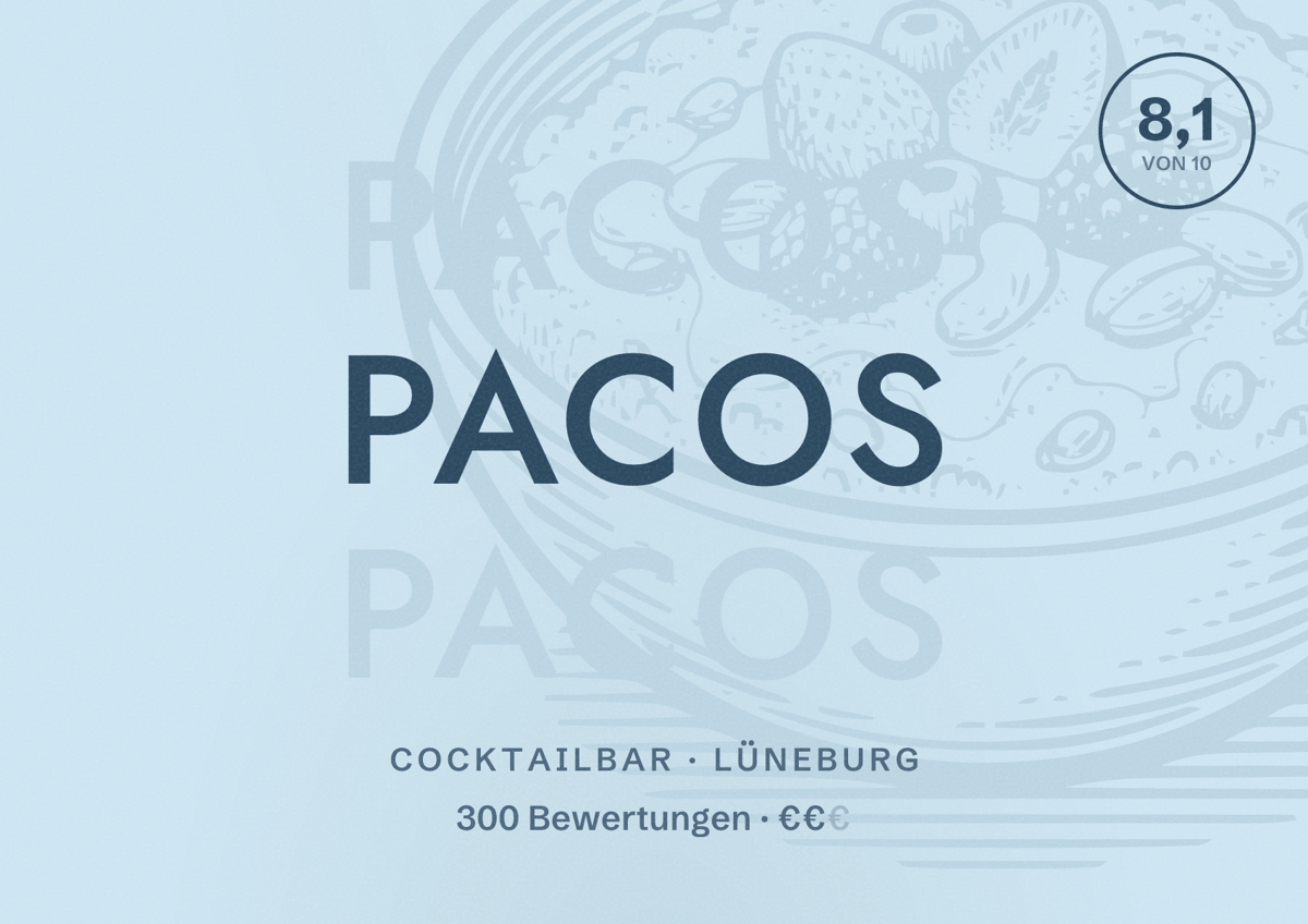 Illustriertes Poster von Pacos, Cocktailbar in Lüneburg: Bewertung 8,1 von 10 aus 300 Bewertungen, Preisniveau €€