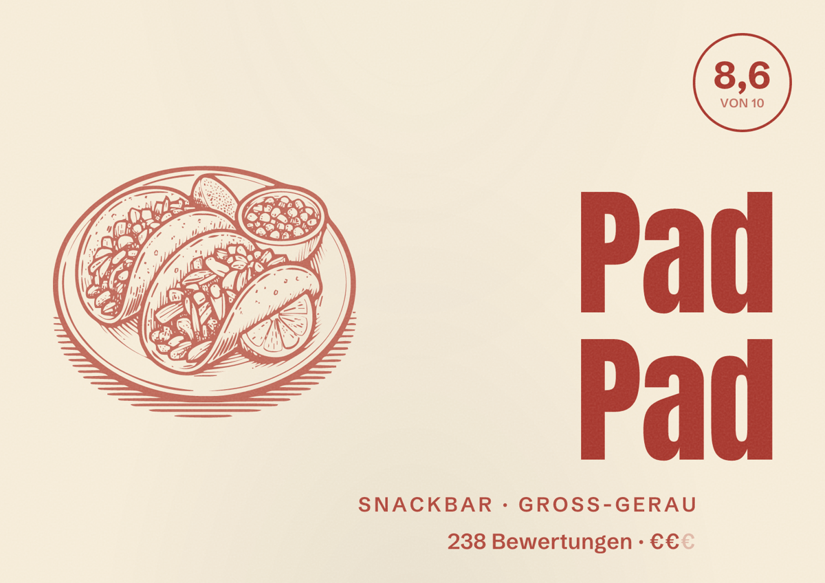 Illustriertes Poster von Pad Pad, Snackbar in Groß-Gerau: Bewertung 8,6 von 10 aus 238 Bewertungen, Preisniveau €€