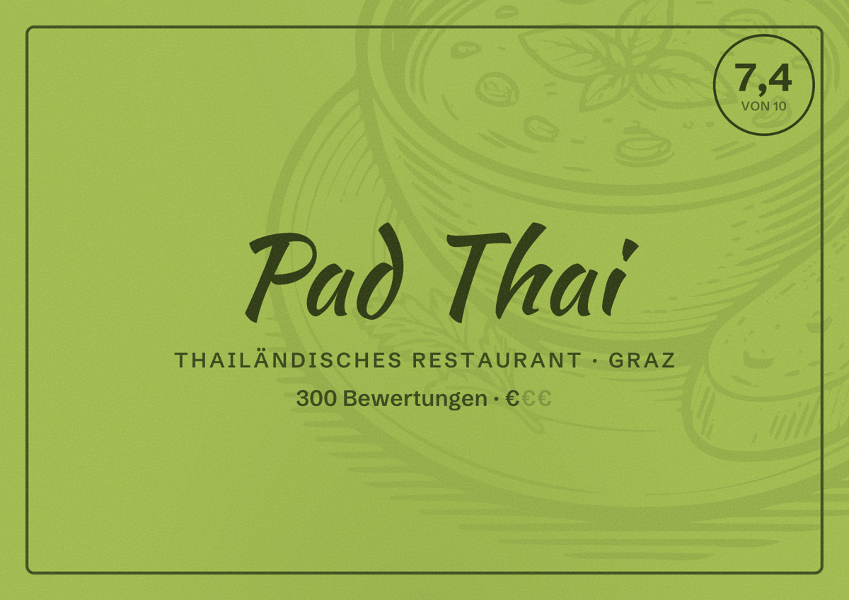 Illustriertes Poster von Pad Thai, Thailändisches Restaurant in Graz: Bewertung 7,4 von 10 aus 300 Bewertungen, Preisniveau €
