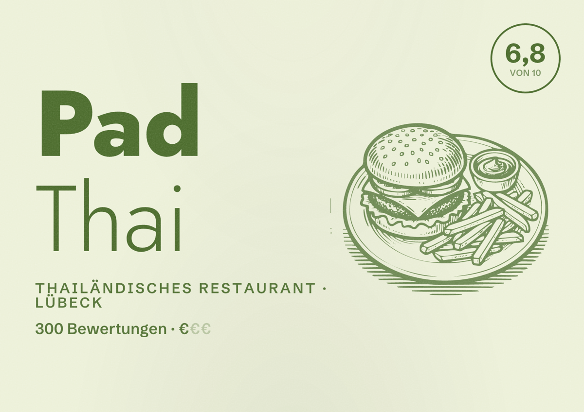 Illustriertes Poster von Pad Thai, Thailändisches Restaurant in Lübeck: Bewertung 6,8 von 10 aus 300 Bewertungen, Preisniveau €