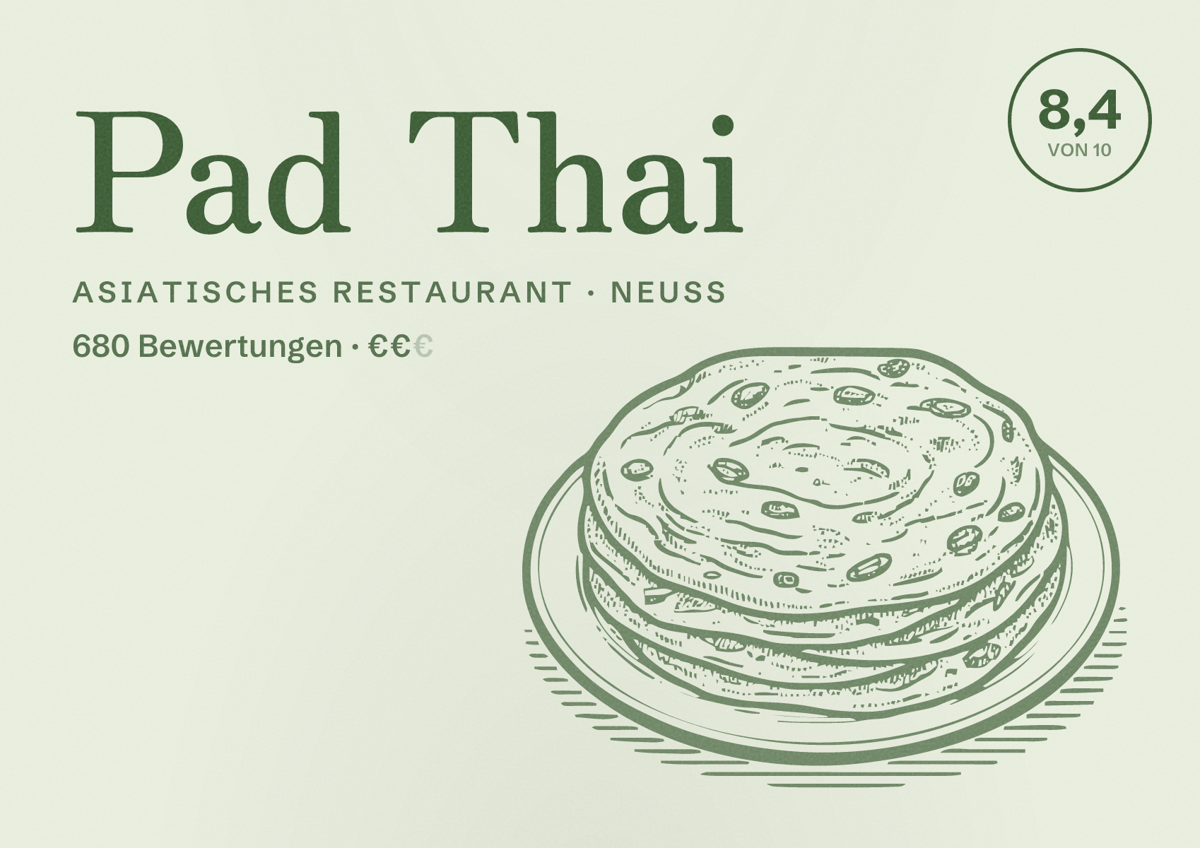 Illustriertes Poster von Pad Thai, Asiatisches Restaurant in Neuss: Bewertung 8,4 von 10 aus 680 Bewertungen, Preisniveau €€
