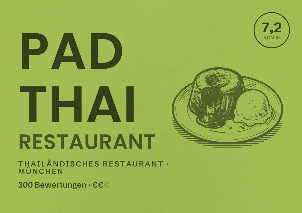 Illustriertes Poster von Pad Thai Restaurant, Thailändisches Restaurant in München: Bewertung 7,2 von 10 aus 300 Bewertungen, Preisniveau €€