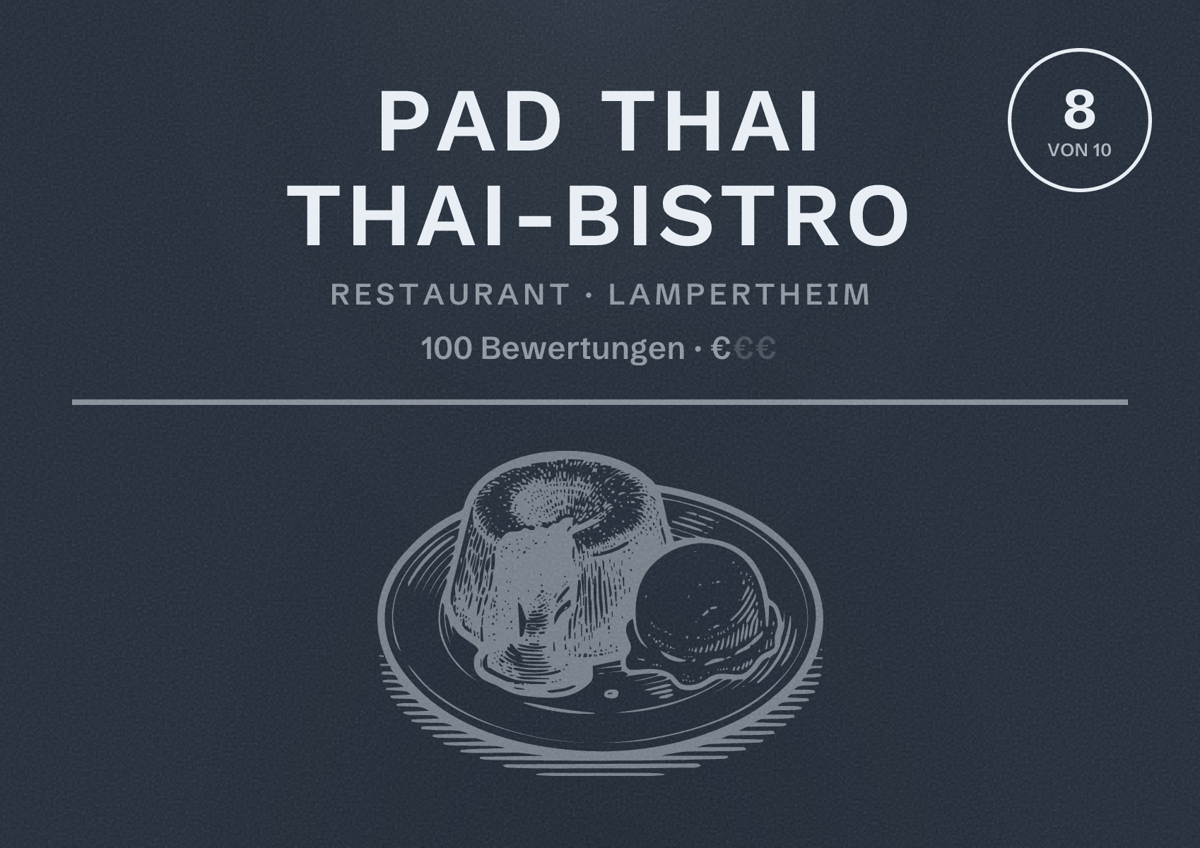 Illustriertes Poster von Pad Thai Thai-Bistro, Restaurant in Lampertheim: Bewertung 8 von 10 aus 100 Bewertungen, Preisniveau €