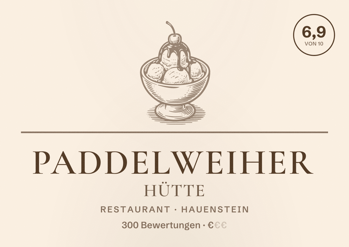 Illustriertes Poster von Paddelweiher Hütte, Restaurant in Hauenstein: Bewertung 6,9 von 10 aus 300 Bewertungen, Preisniveau €