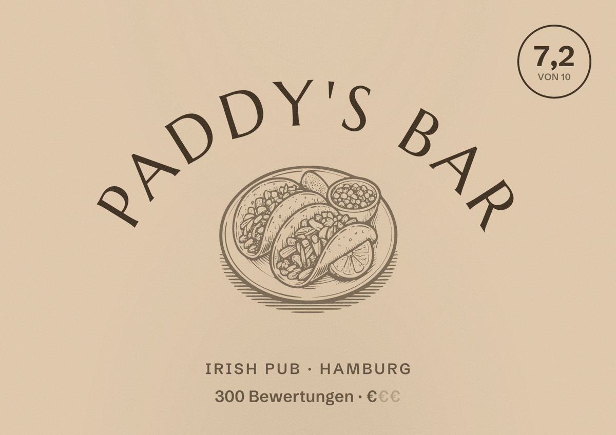 Illustriertes Poster von Paddy's Bar, Irish Pub in Hamburg: Bewertung 7,2 von 10 aus 300 Bewertungen, Preisniveau €