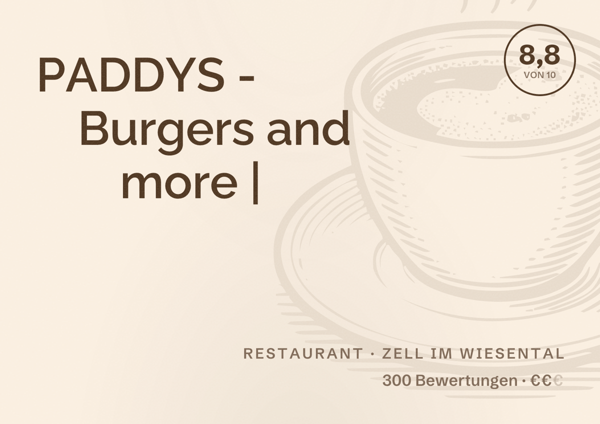 Illustriertes Poster von PADDYS - Burgers and more |, Restaurant in Zell im Wiesental: Bewertung 8,8 von 10 aus 300 Bewertungen, Preisniveau €€