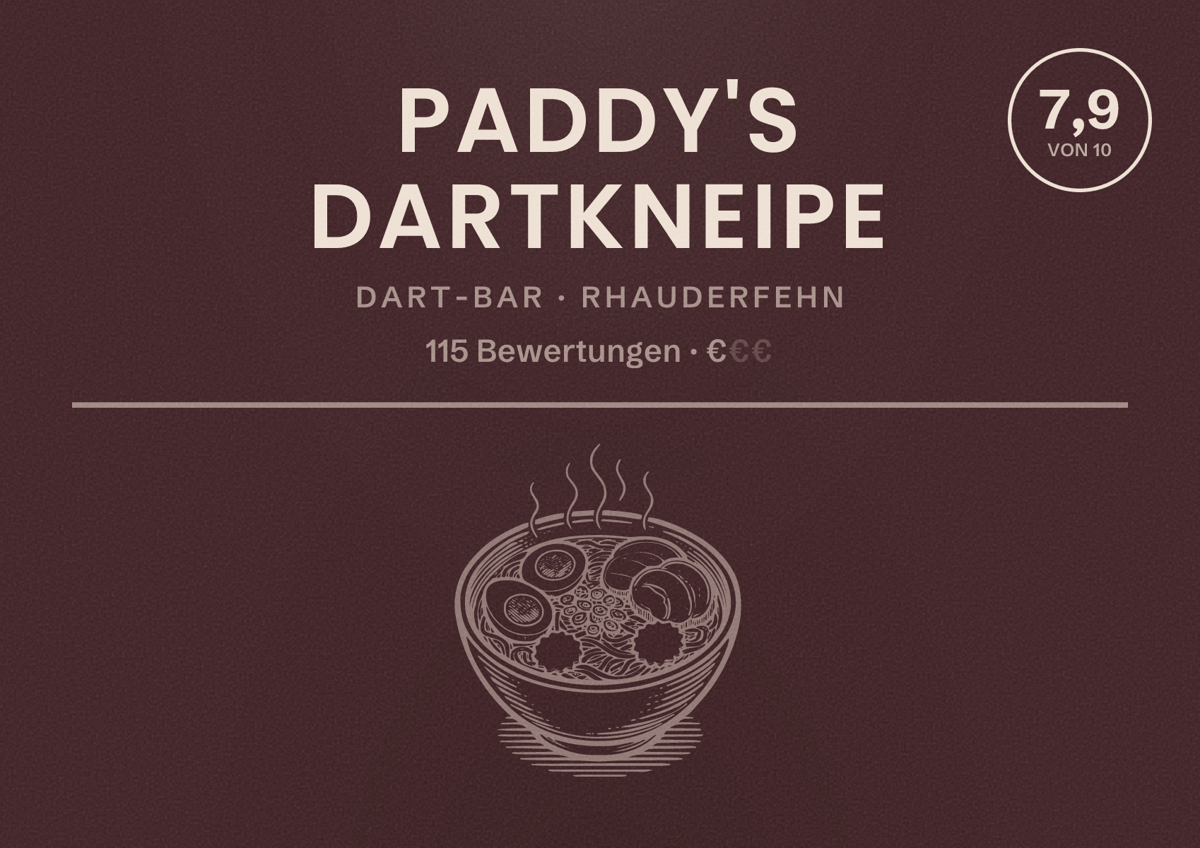 Illustriertes Poster von Paddy's Dartkneipe, Dart-Bar in Rhauderfehn: Bewertung 7,9 von 10 aus 115 Bewertungen, Preisniveau €