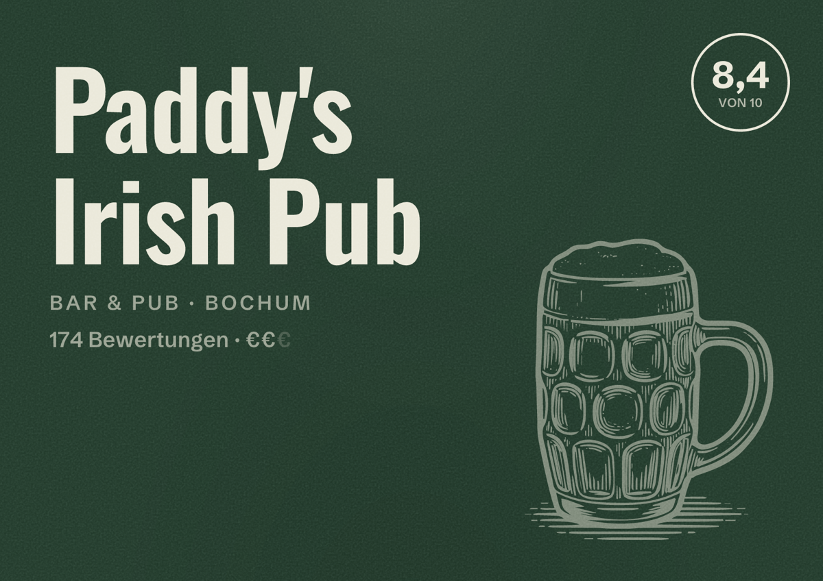 Illustriertes Poster von Paddy's Irish Pub, Bar & Pub in Bochum: Bewertung 8,4 von 10 aus 174 Bewertungen, Preisniveau €€