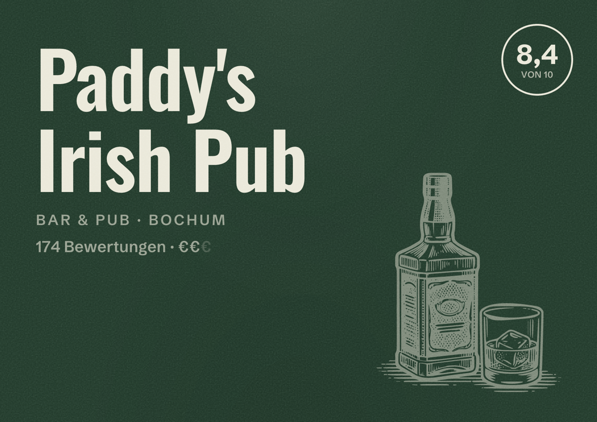 Illustriertes Poster von Paddy's Irish Pub, Bar & Pub in Bochum: Bewertung 8,4 von 10 aus 174 Bewertungen, Preisniveau €€