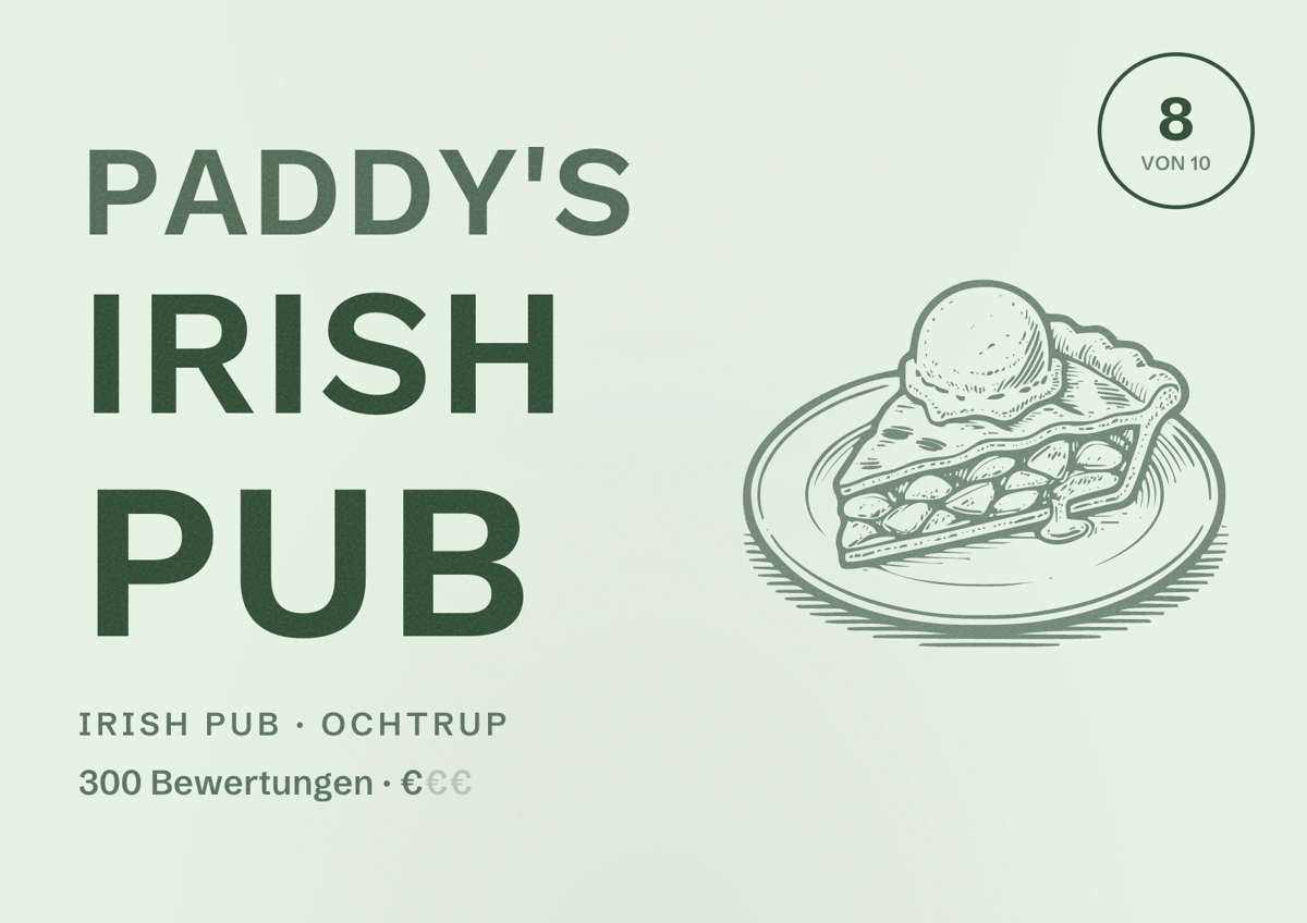 Illustriertes Poster von Paddy's Irish Pub, Irish Pub in Ochtrup: Bewertung 8 von 10 aus 300 Bewertungen, Preisniveau €