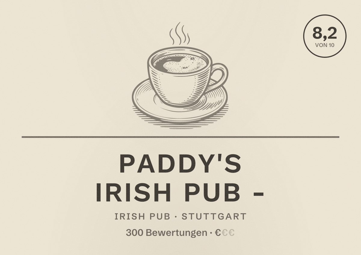 Illustriertes Poster von Paddy's Irish Pub -, Irish Pub in Stuttgart: Bewertung 8,2 von 10 aus 300 Bewertungen, Preisniveau €