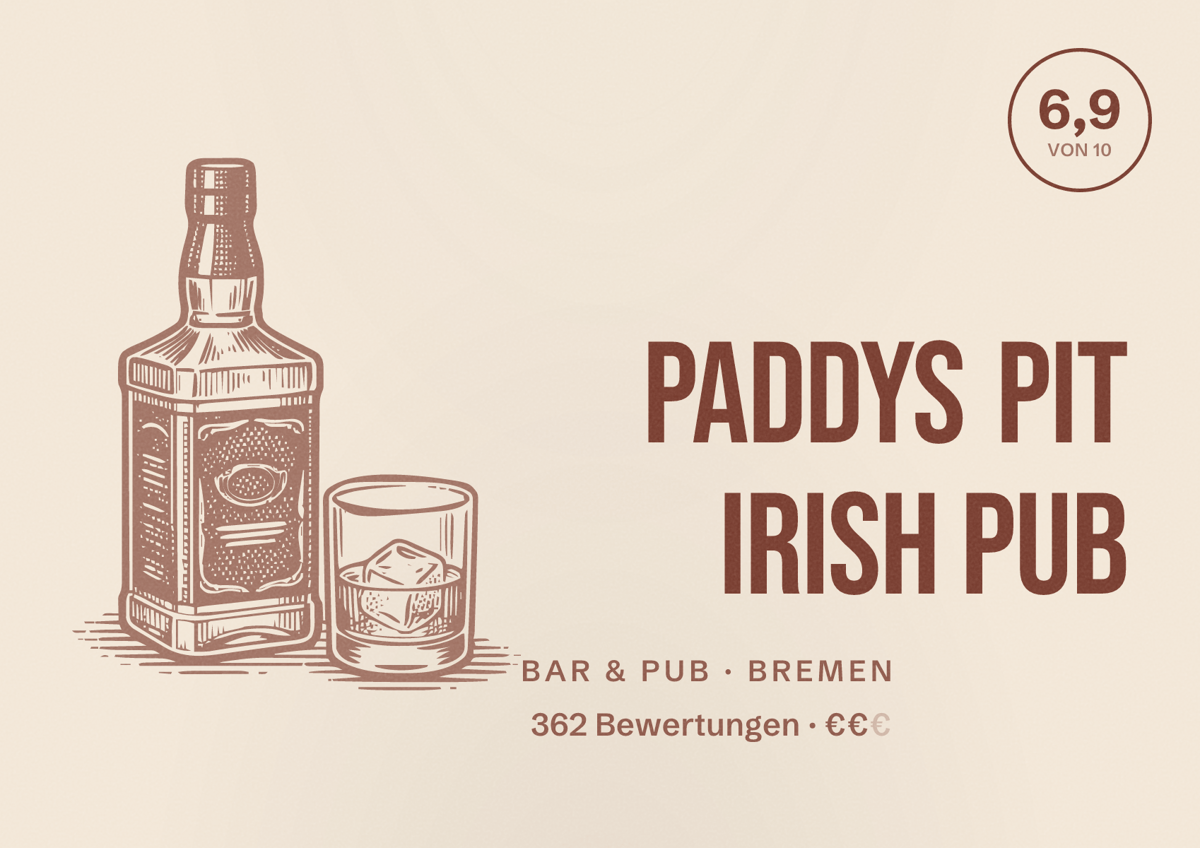 Illustriertes Poster von Paddys Pit Irish Pub, Bar & Pub in Bremen: Bewertung 6,9 von 10 aus 362 Bewertungen, Preisniveau €€
