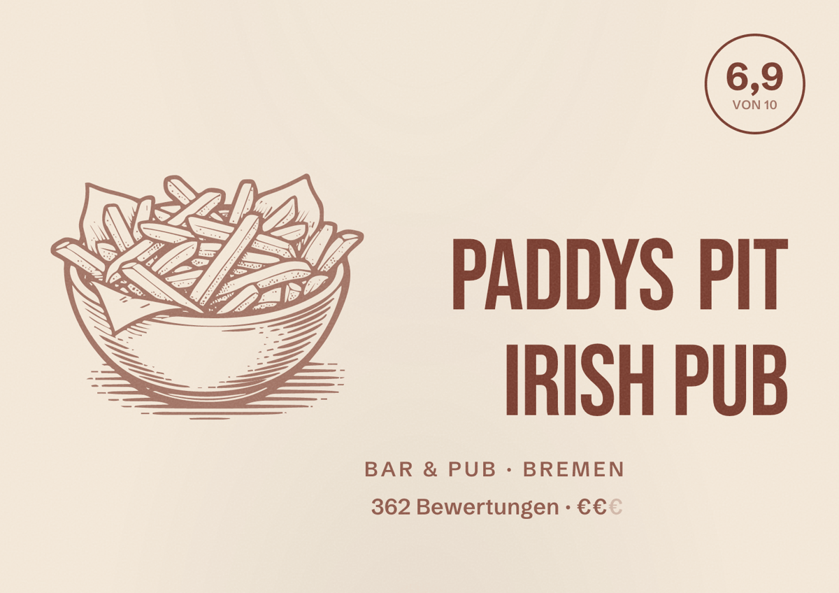 Illustriertes Poster von Paddys Pit Irish Pub, Bar & Pub in Bremen: Bewertung 6,9 von 10 aus 362 Bewertungen, Preisniveau €€