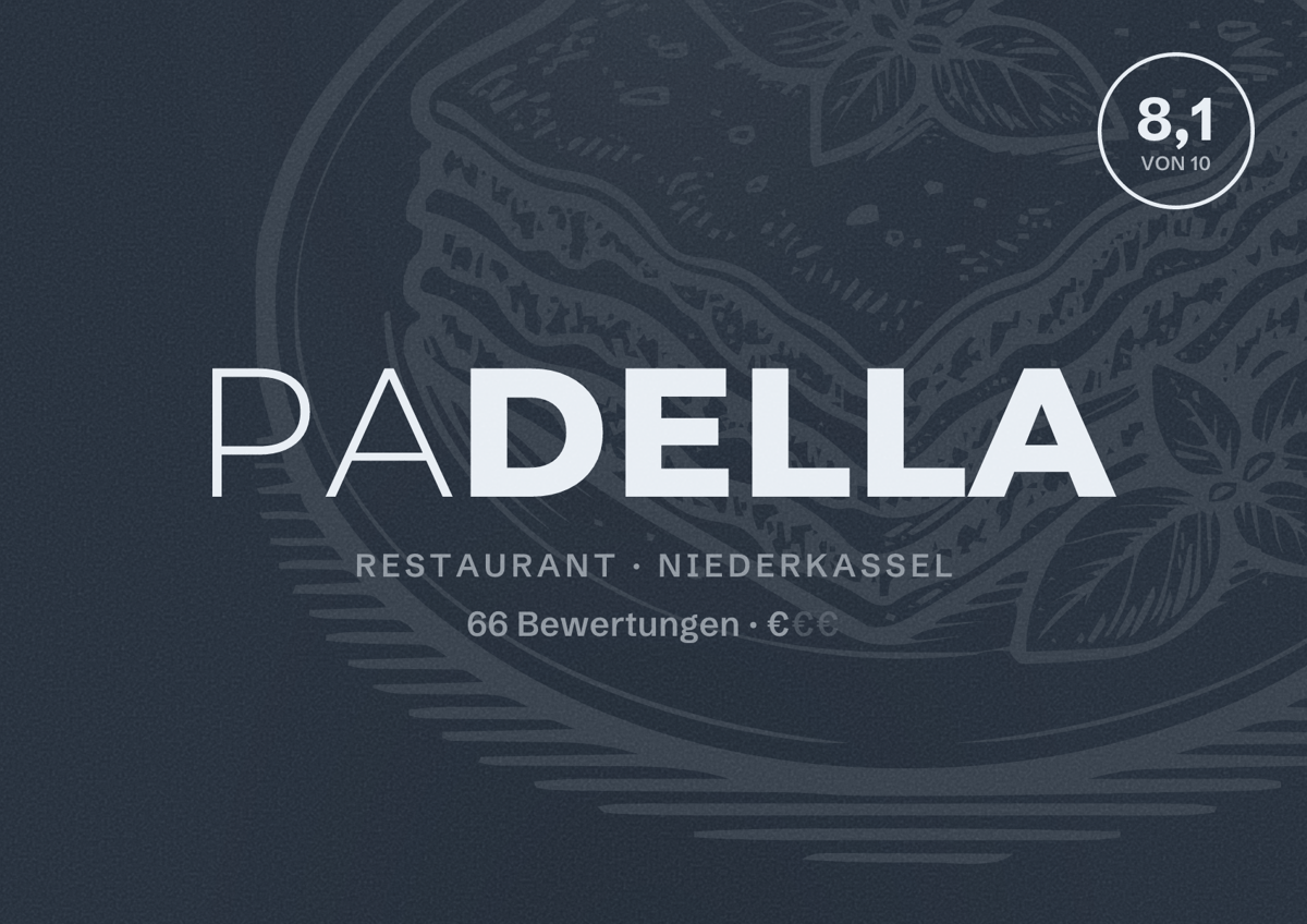 Illustriertes Poster von PADELLA, Restaurant in Niederkassel: Bewertung 8,1 von 10 aus 66 Bewertungen, Preisniveau €