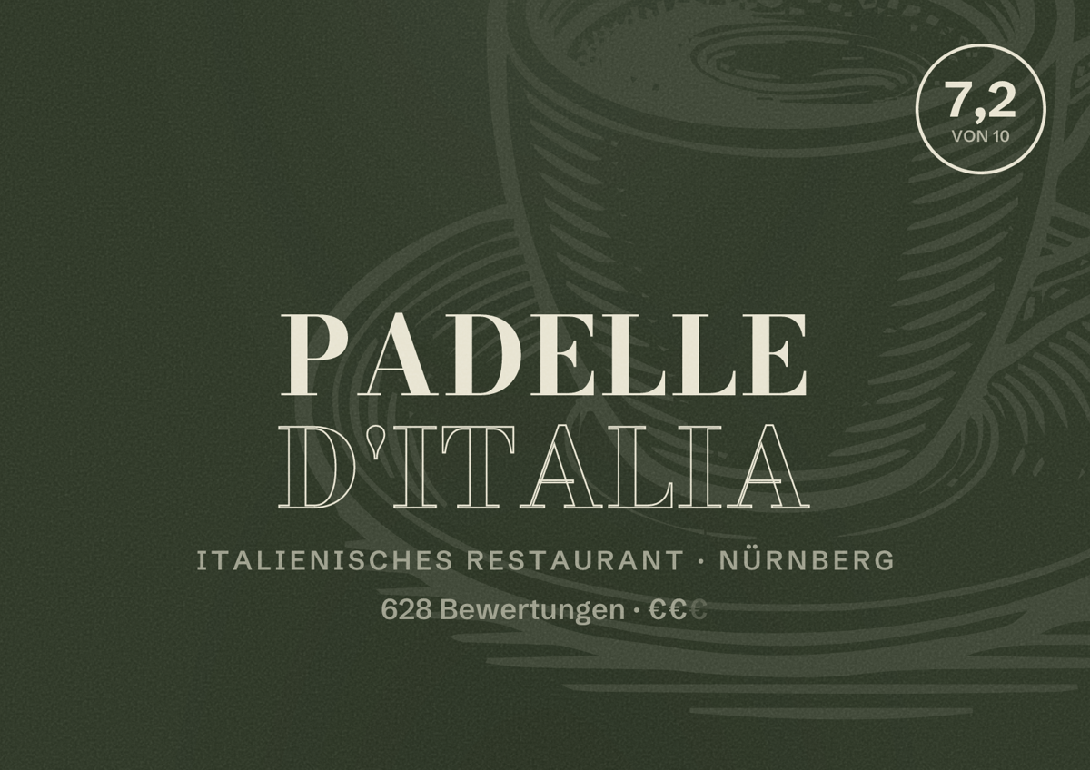 Illustriertes Poster von Padelle d'Italia, Italienisches Restaurant in Nürnberg: Bewertung 7,2 von 10 aus 628 Bewertungen, Preisniveau €€