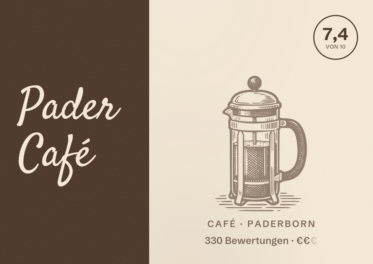 Illustriertes Poster von Pader Café, Café in Paderborn: Bewertung 7,4 von 10 aus 330 Bewertungen, Preisniveau €€