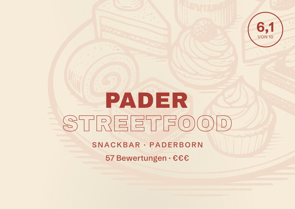 Illustriertes Poster von Pader Streetfood, Snackbar in Paderborn: Bewertung 6,1 von 10 aus 57 Bewertungen, Preisniveau €€€