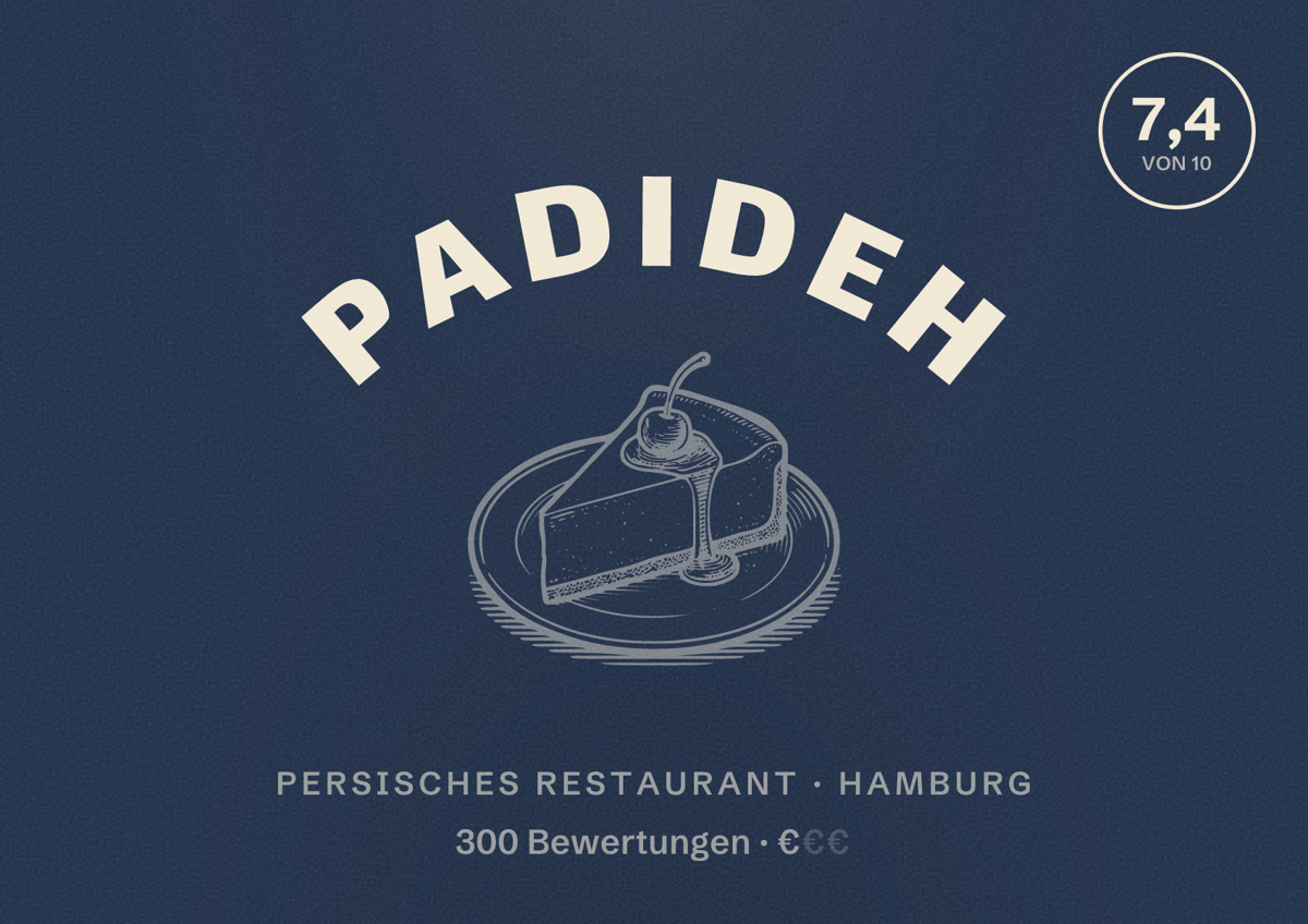 Illustriertes Poster von Padideh, Persisches Restaurant in Hamburg: Bewertung 7,4 von 10 aus 300 Bewertungen, Preisniveau €