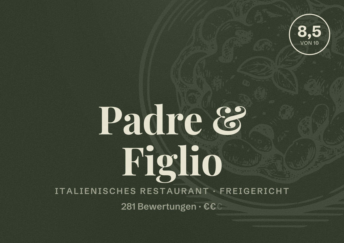 Illustriertes Poster von Padre & Figlio, Italienisches Restaurant in Freigericht: Bewertung 8,5 von 10 aus 281 Bewertungen, Preisniveau €€