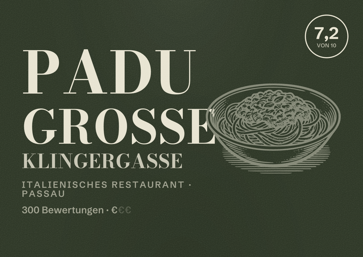 Illustriertes Poster von PADU Große Klingergasse, Italienisches Restaurant in Passau: Bewertung 7,2 von 10 aus 300 Bewertungen, Preisniveau €